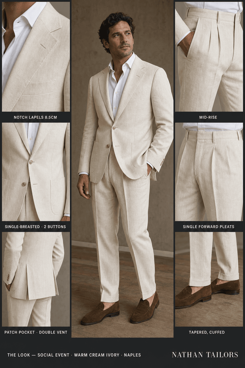 warm cream ivory single-breasted notch-lapel online custom suit — designed online at RemoteSuit. Made-to-measure online custom suit available from $129.