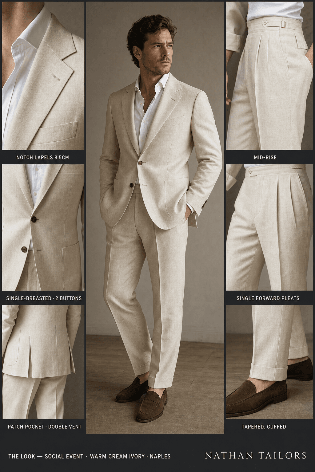 warm cream ivory single-breasted notch-lapel online custom suit — designed online at RemoteSuit. Made-to-measure online custom suit available from $129.