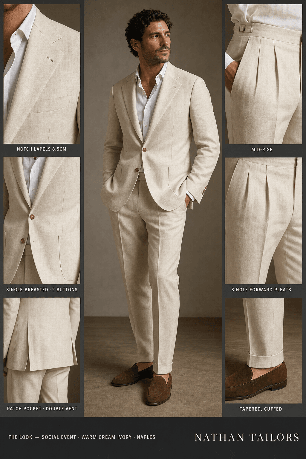 warm cream ivory single-breasted notch-lapel online custom suit — designed online at RemoteSuit. Made-to-measure online custom suit available from $129.