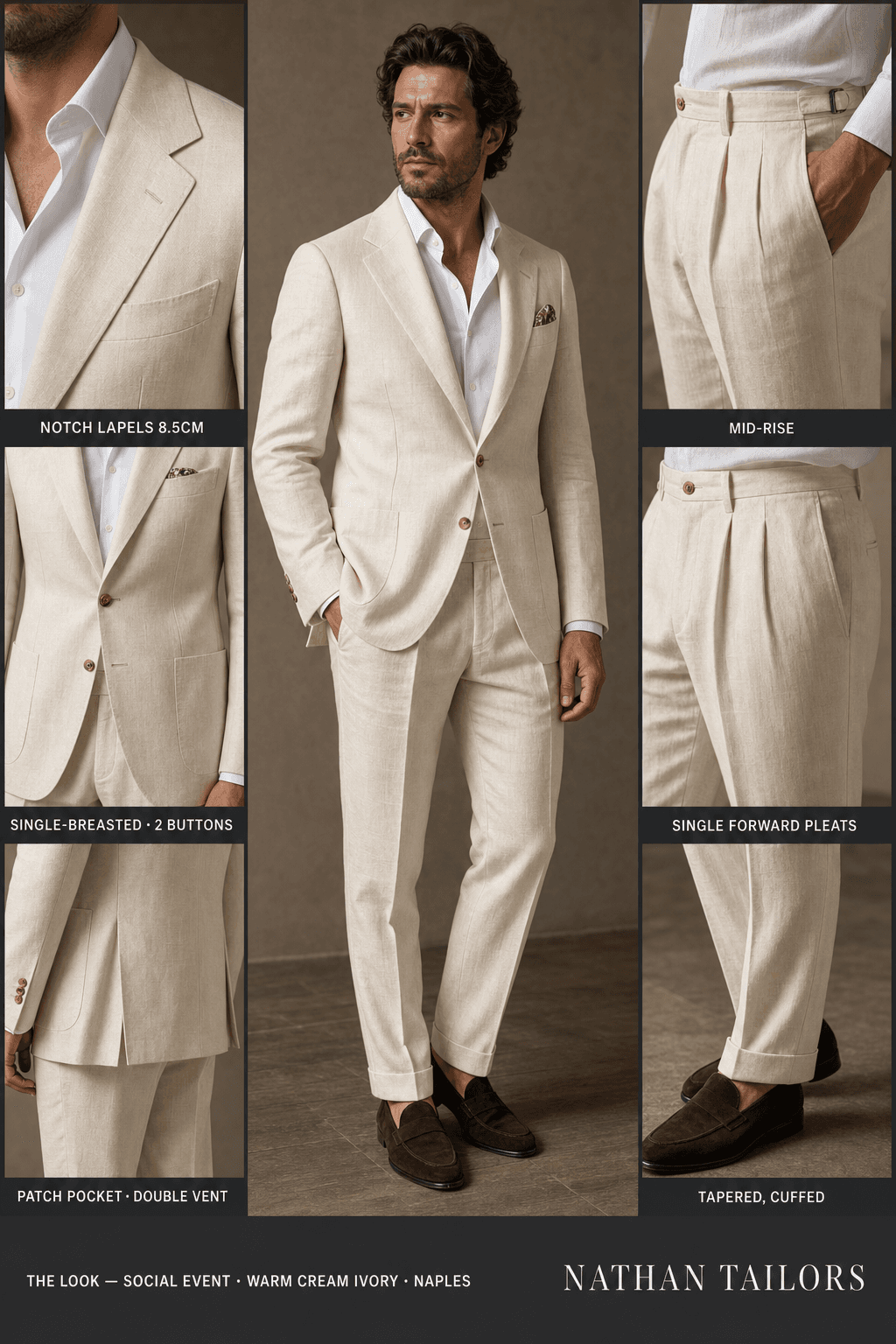 warm cream ivory single-breasted notch-lapel online custom suit — designed online at RemoteSuit. Made-to-measure online custom suit available from $129.