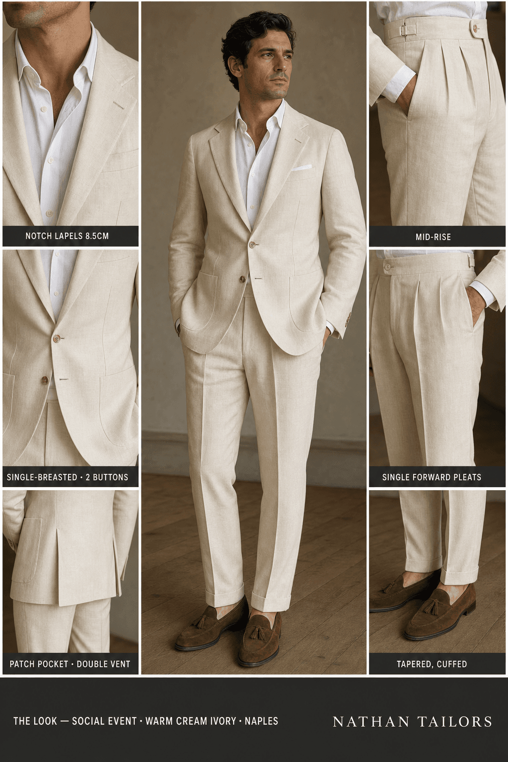 warm cream ivory single-breasted notch-lapel online custom suit — designed online at RemoteSuit. Made-to-measure online custom suit available from $129.