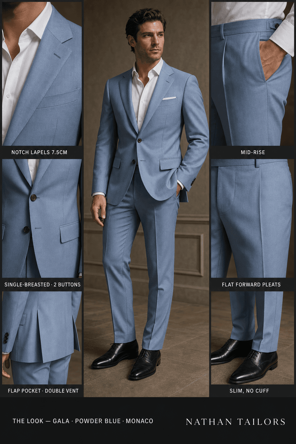 powder blue single-breasted notch-lapel online custom suit — designed online at RemoteSuit. Made-to-measure online custom suit available from $129.