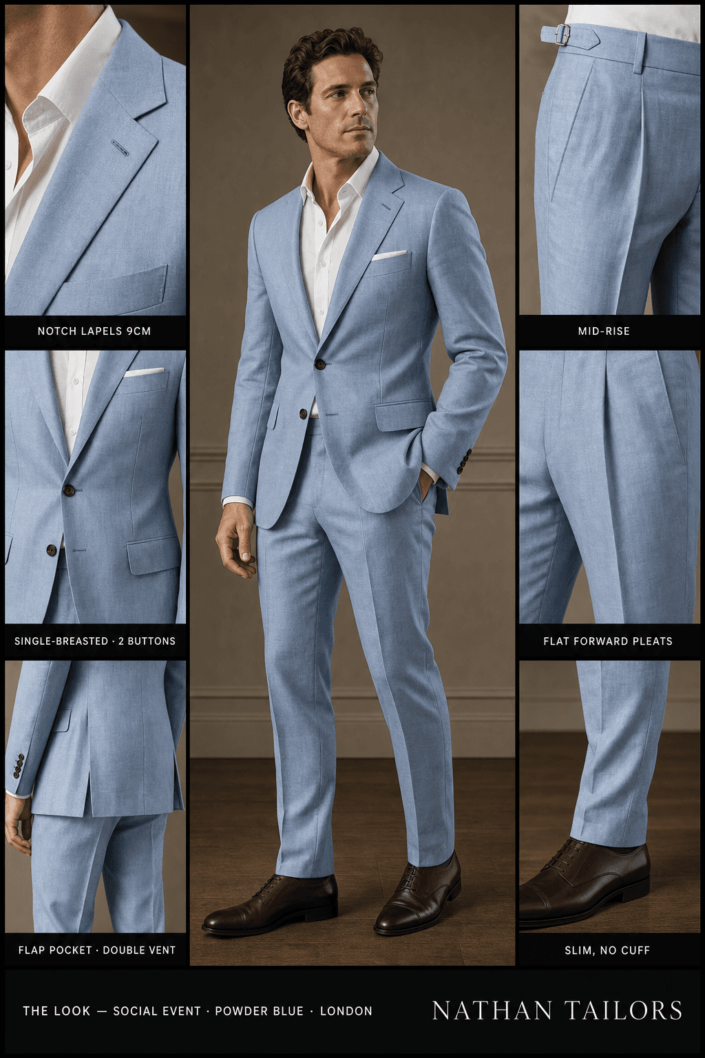 powder blue single-breasted notch-lapel online custom suit — designed online at RemoteSuit. Made-to-measure online custom suit available from $129.