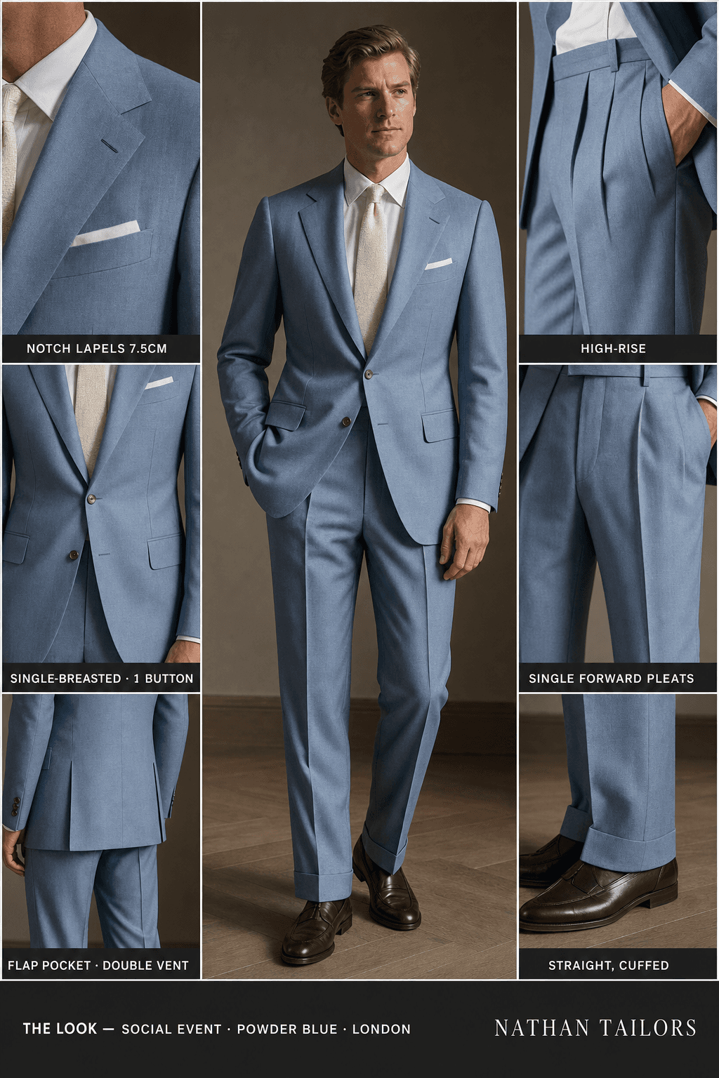 powder blue single-breasted notch-lapel online custom suit — designed online at RemoteSuit. Made-to-measure online custom suit available from $149.