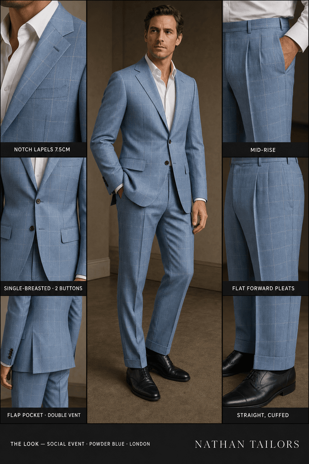 powder blue windowpane single-breasted notch-lapel online custom suit — designed online at RemoteSuit. Made-to-measure online custom suit available from $149.