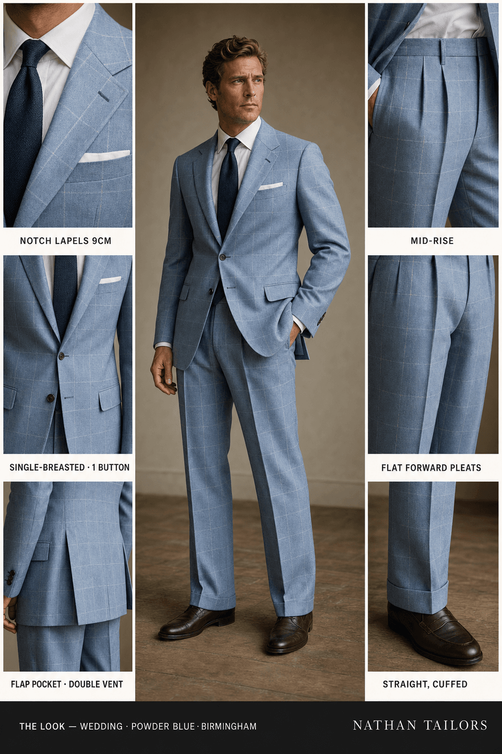powder blue windowpane single-breasted notch-lapel online custom suit — designed online at RemoteSuit. Made-to-measure online custom suit available from $149.