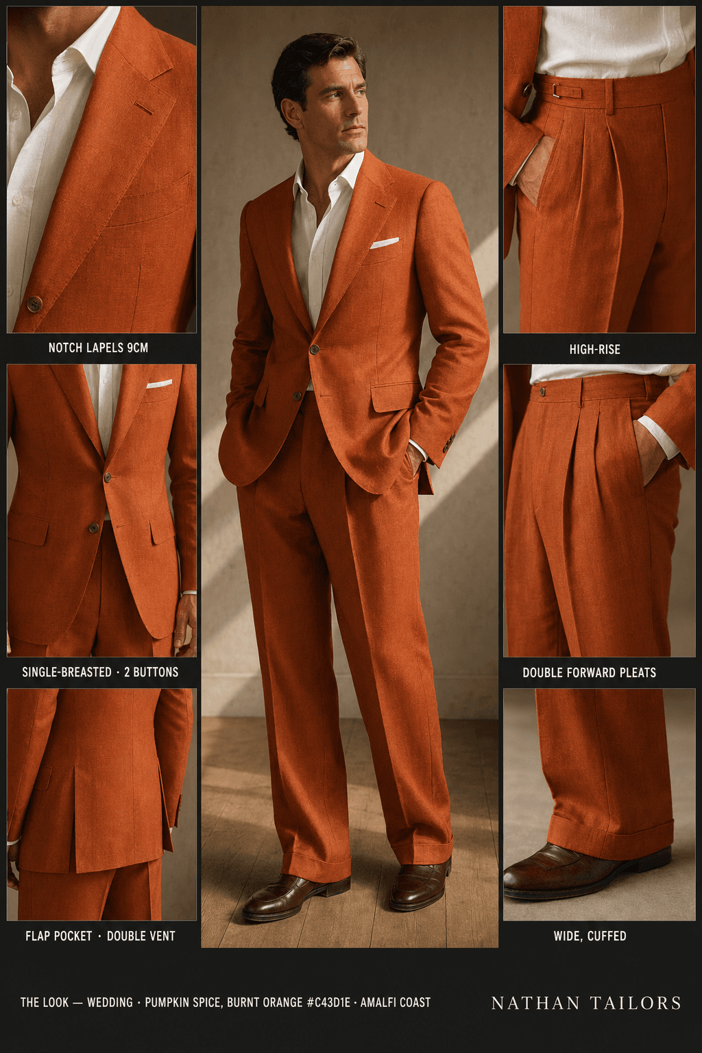 Pumpkin spice, burnt orange #c43d1e single-breasted notch-lapel online custom suit — designed online at RemoteSuit. Made-to-measure online custom suit available from $109.