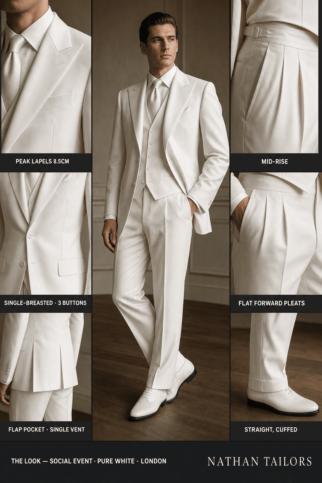 pure white single-breasted peak-lapel online custom suit — designed online at RemoteSuit. Made-to-measure online custom suit available from $129.