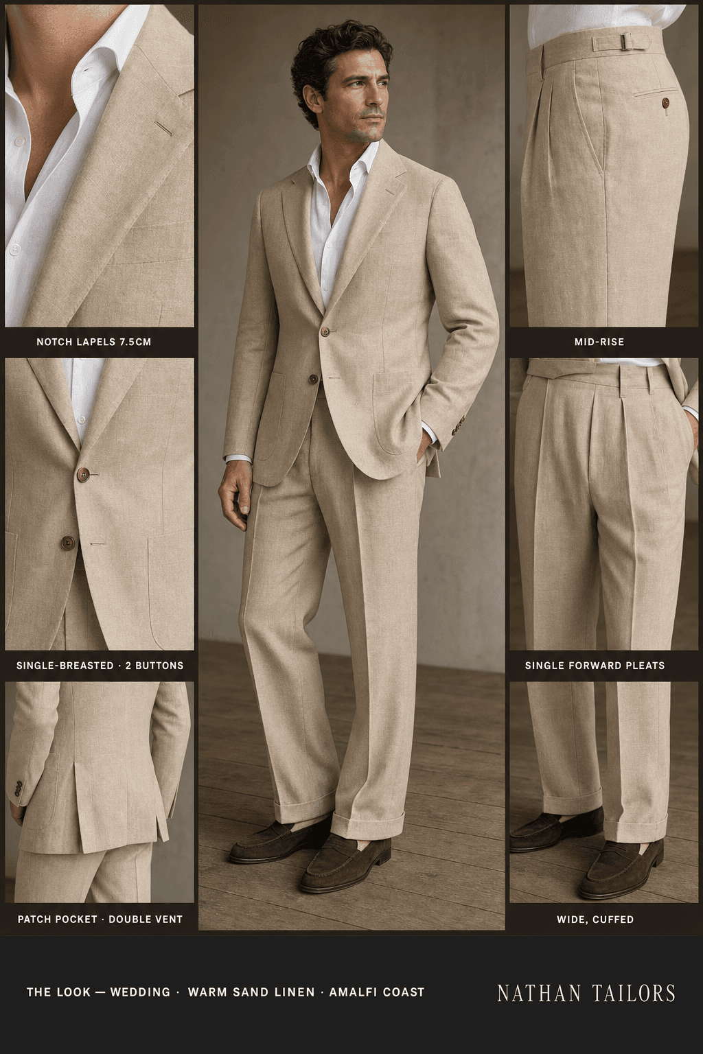 warm sand linen single-breasted notch-lapel online custom suit — designed online at RemoteSuit. Made-to-measure online custom suit available from $129.