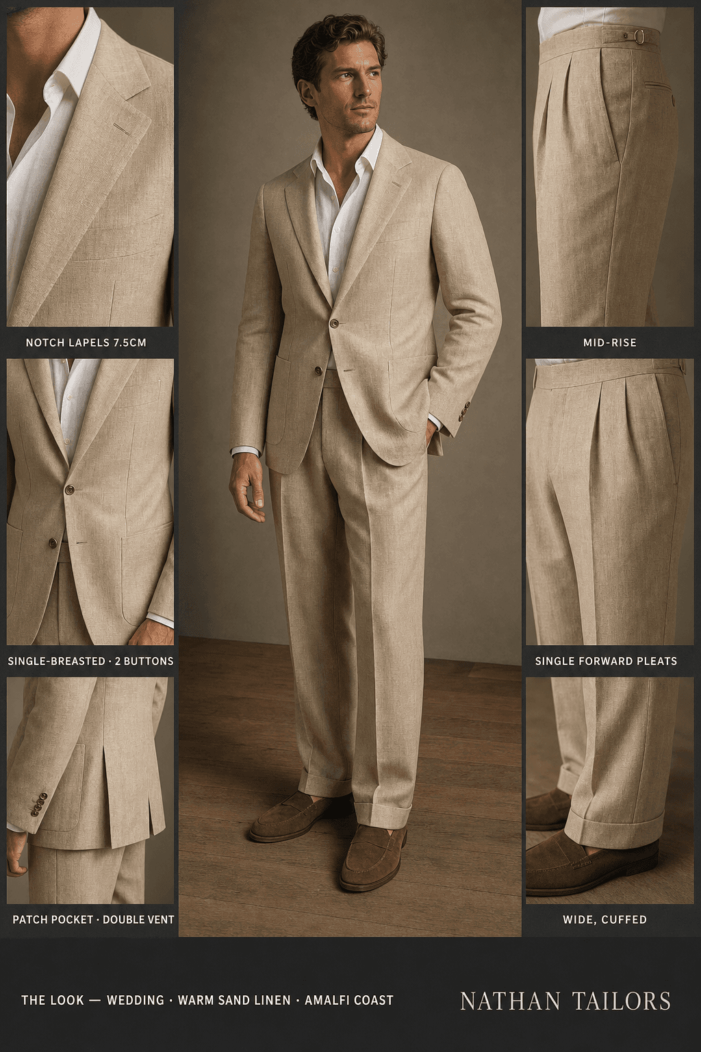 warm sand linen single-breasted notch-lapel online custom suit — designed online at RemoteSuit. Made-to-measure online custom suit available from $129.
