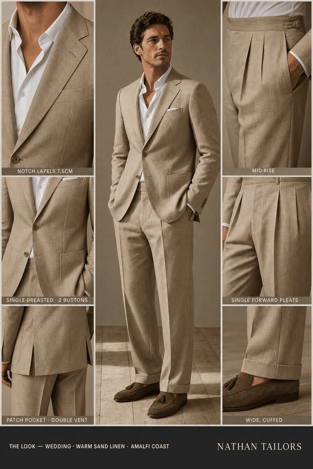 warm sand linen single-breasted online custom suit — designed at RemoteSuit, made to measure online