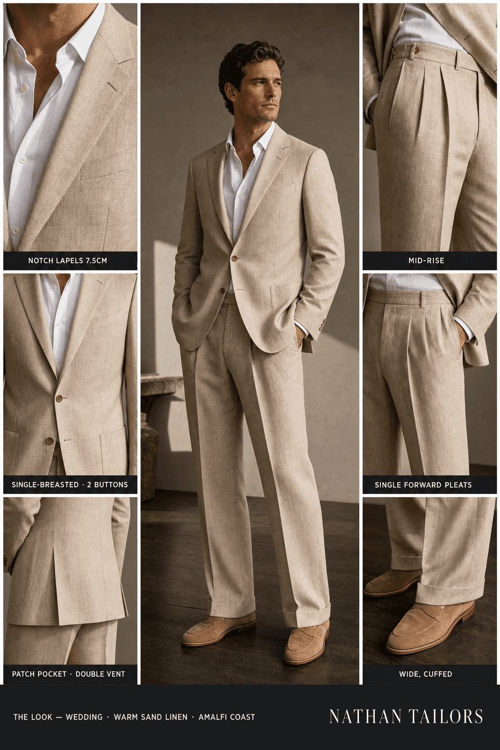 warm sand linen single-breasted notch-lapel online custom suit — designed online at RemoteSuit. Made-to-measure online custom suit available from $149.