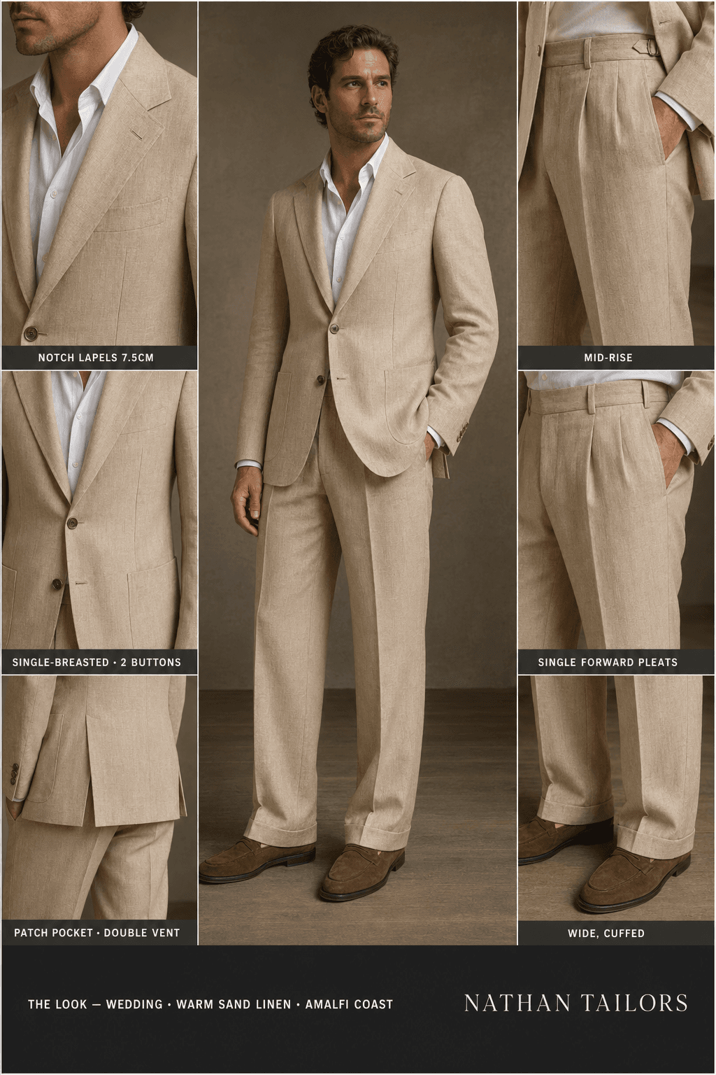 warm sand linen single-breasted online custom suit — designed at RemoteSuit, made to measure online