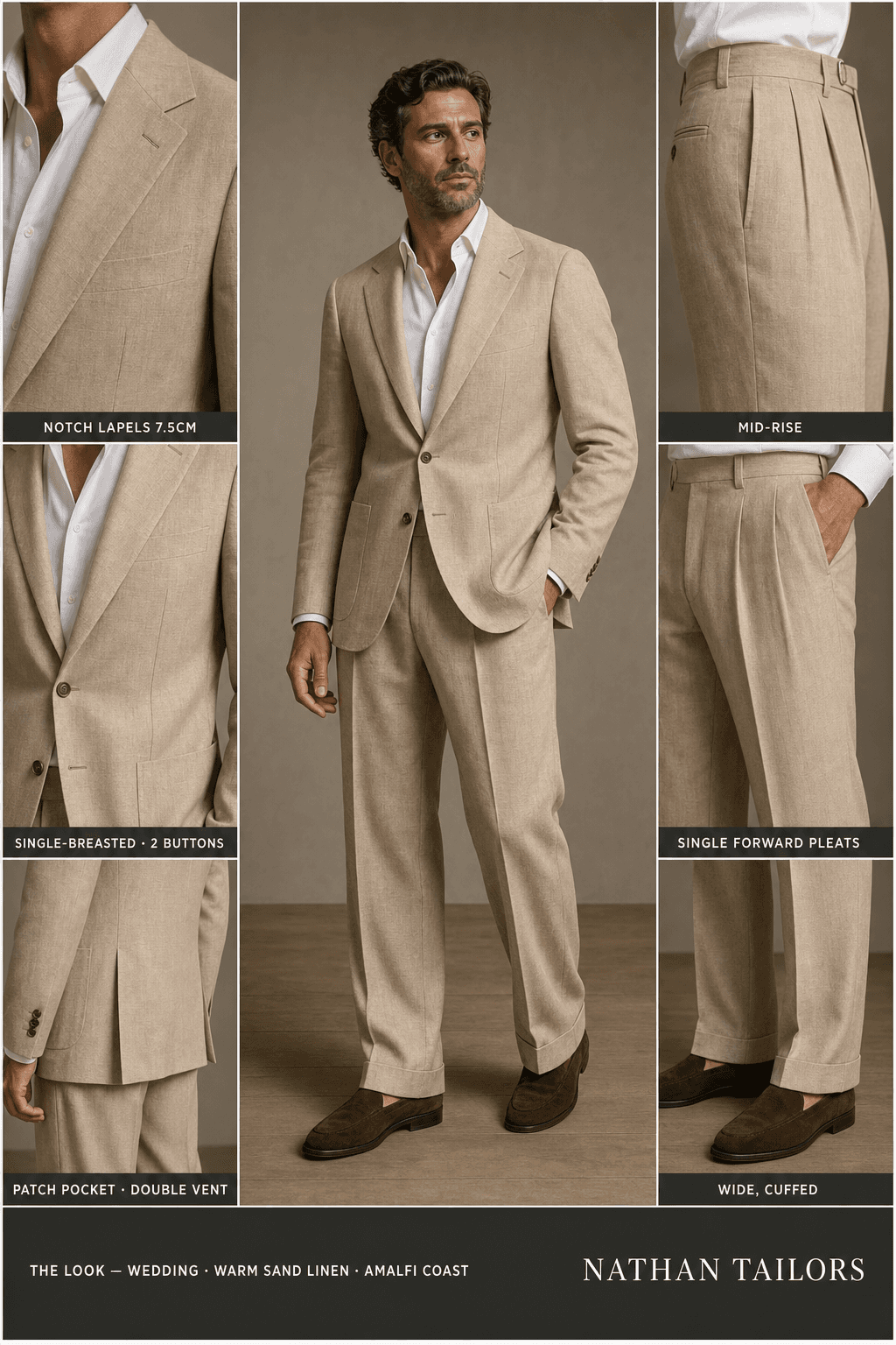 warm sand linen single-breasted notch-lapel online custom suit — designed online at RemoteSuit. Made-to-measure online custom suit available from $129.