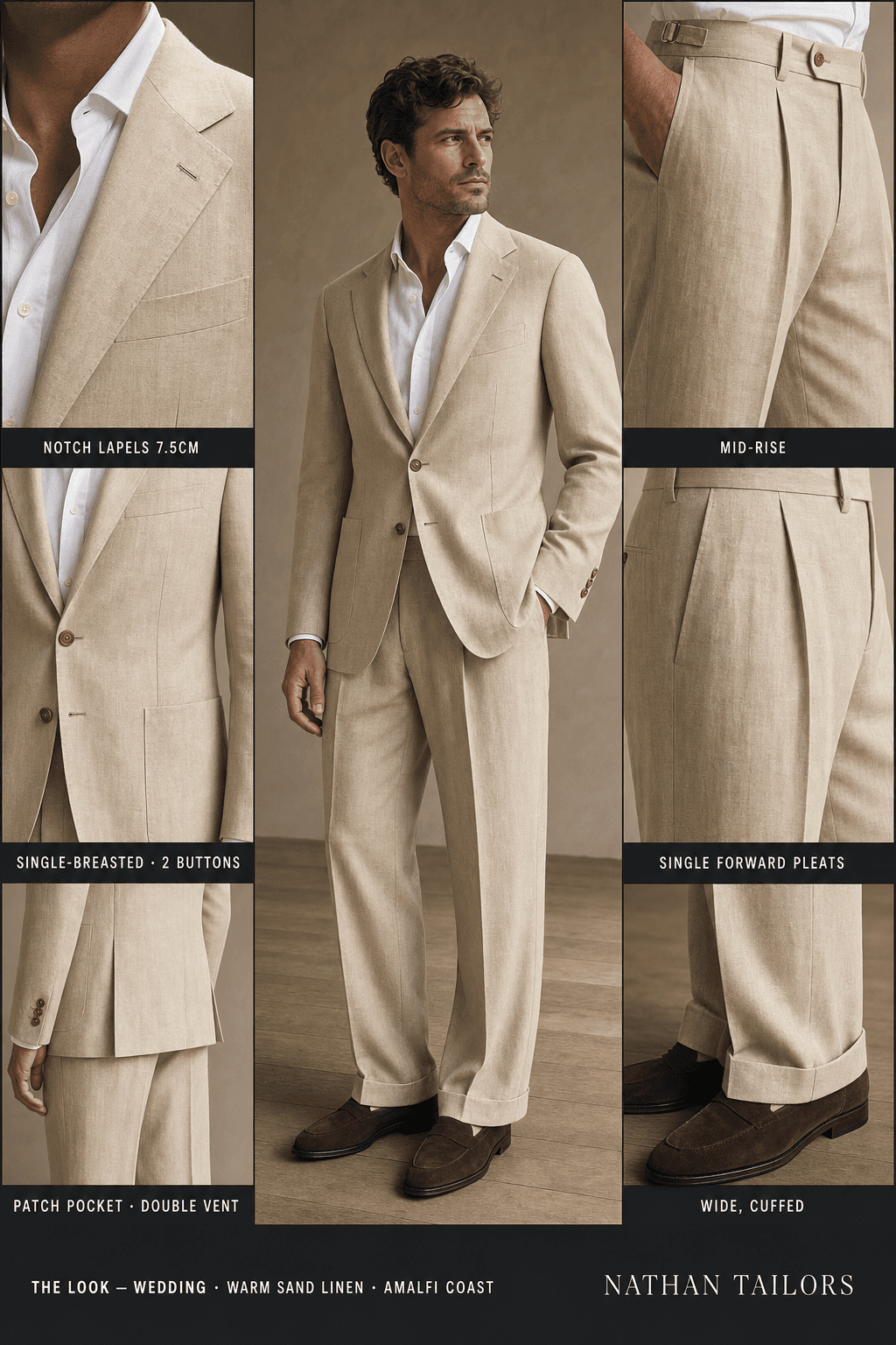 warm sand linen single-breasted online custom suit — designed at RemoteSuit, made to measure online