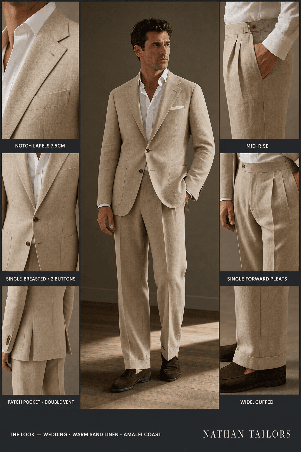 warm sand linen single-breasted notch-lapel online custom suit — designed online at RemoteSuit. Made-to-measure online custom suit available from $129.