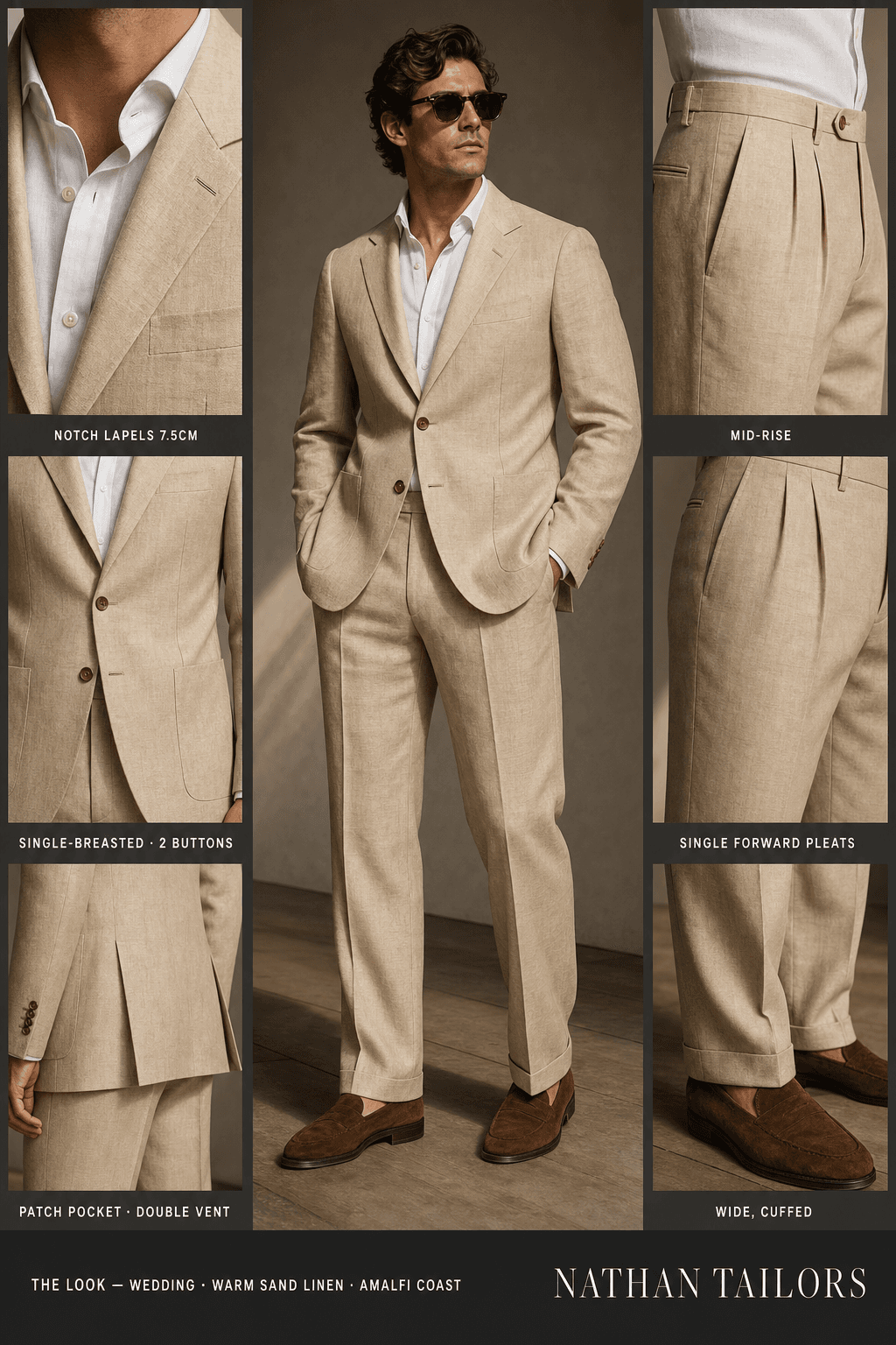warm sand linen single-breasted notch-lapel online custom suit — designed online at RemoteSuit. Made-to-measure online custom suit available from $109.