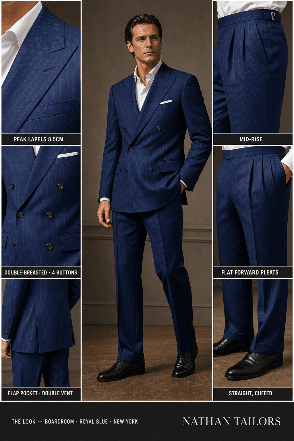 royal blue pinstripe double-breasted peak-lapel online custom suit — designed online at RemoteSuit. Made-to-measure online custom suit available from $129.