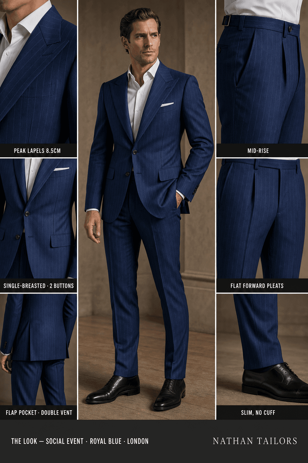 royal blue pinstripe single-breasted peak-lapel online custom suit — designed online at RemoteSuit. Made-to-measure online custom suit available from $149.