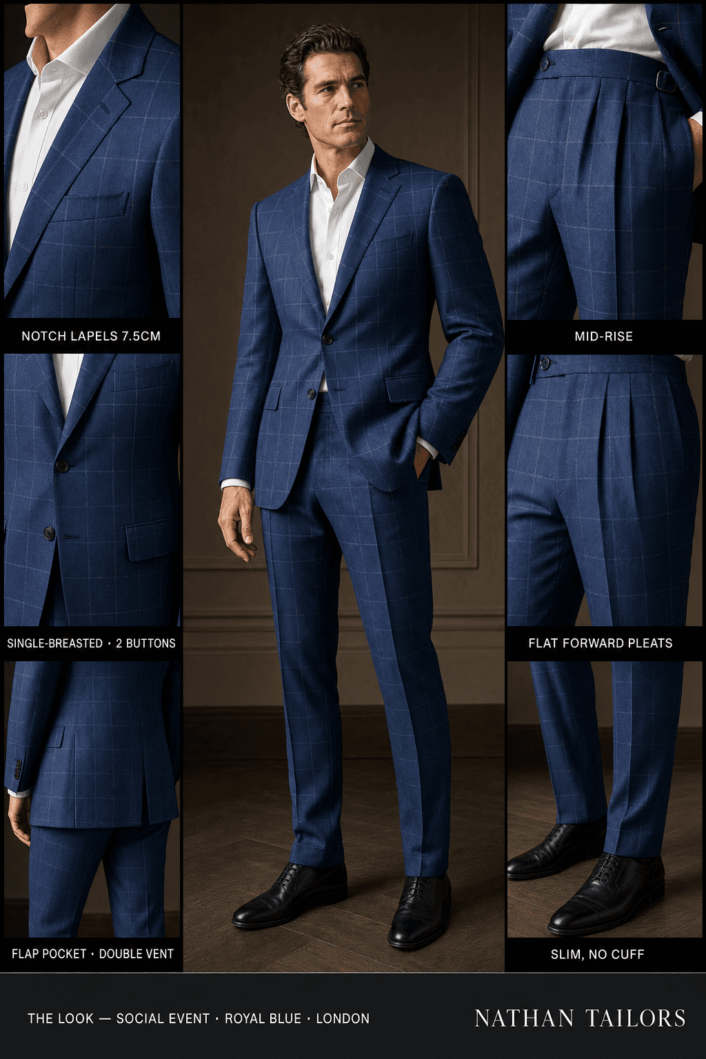 royal blue windowpane single-breasted notch-lapel online custom suit — designed online at RemoteSuit. Made-to-measure online custom suit available from $149.