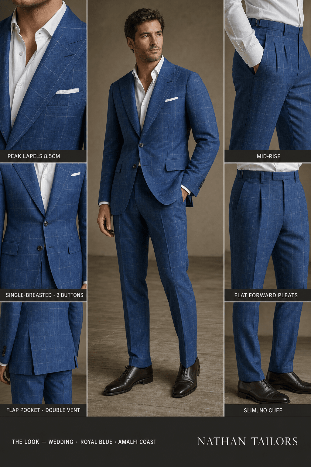 royal blue windowpane single-breasted peak-lapel online custom suit — designed online at RemoteSuit. Made-to-measure online custom suit available from $109.