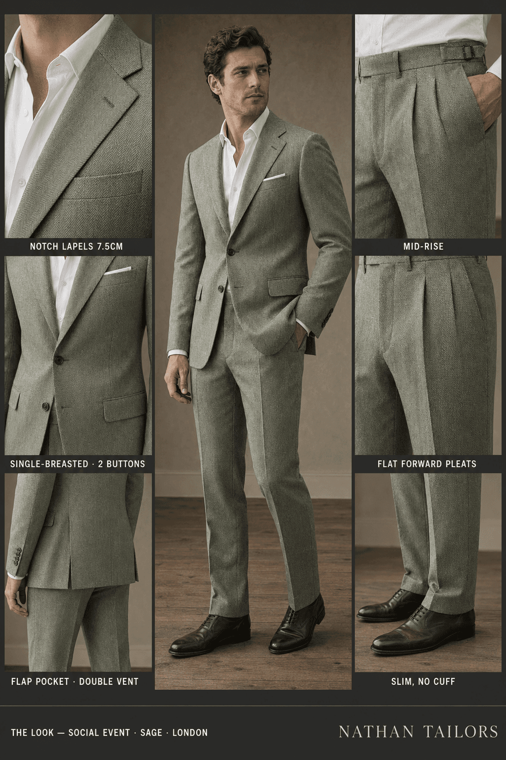 sage herringbone single-breasted notch-lapel online custom suit — designed online at RemoteSuit. Made-to-measure online custom suit available from $109.