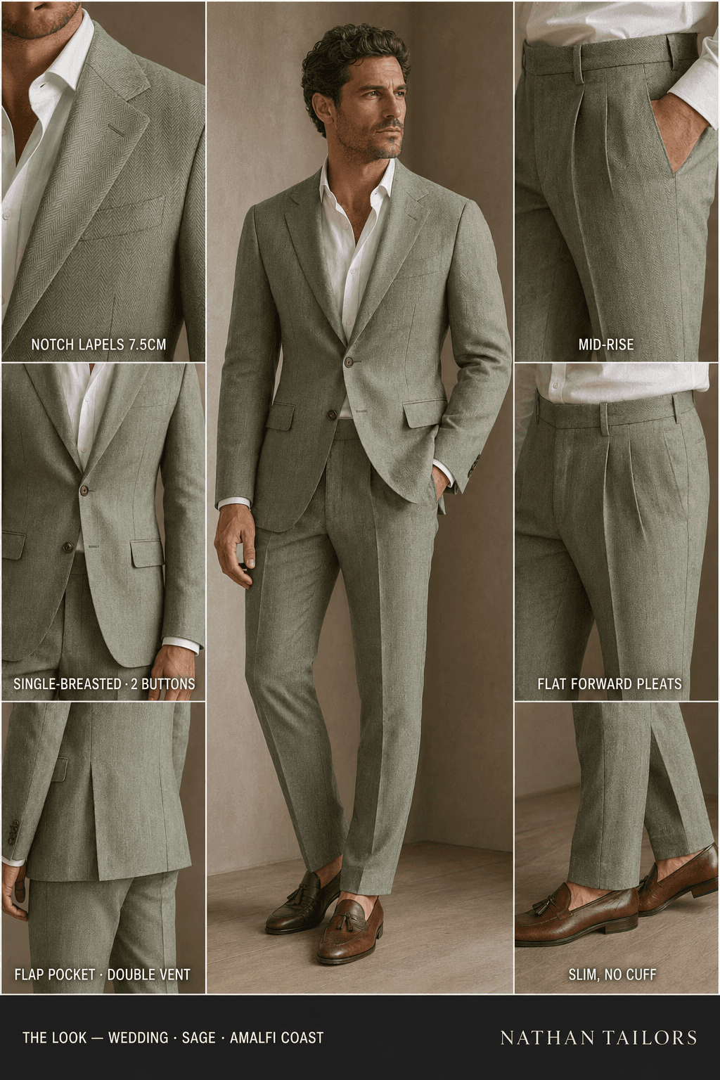 sage herringbone single-breasted notch-lapel online custom suit — designed online at RemoteSuit. Made-to-measure online custom suit available from $109.