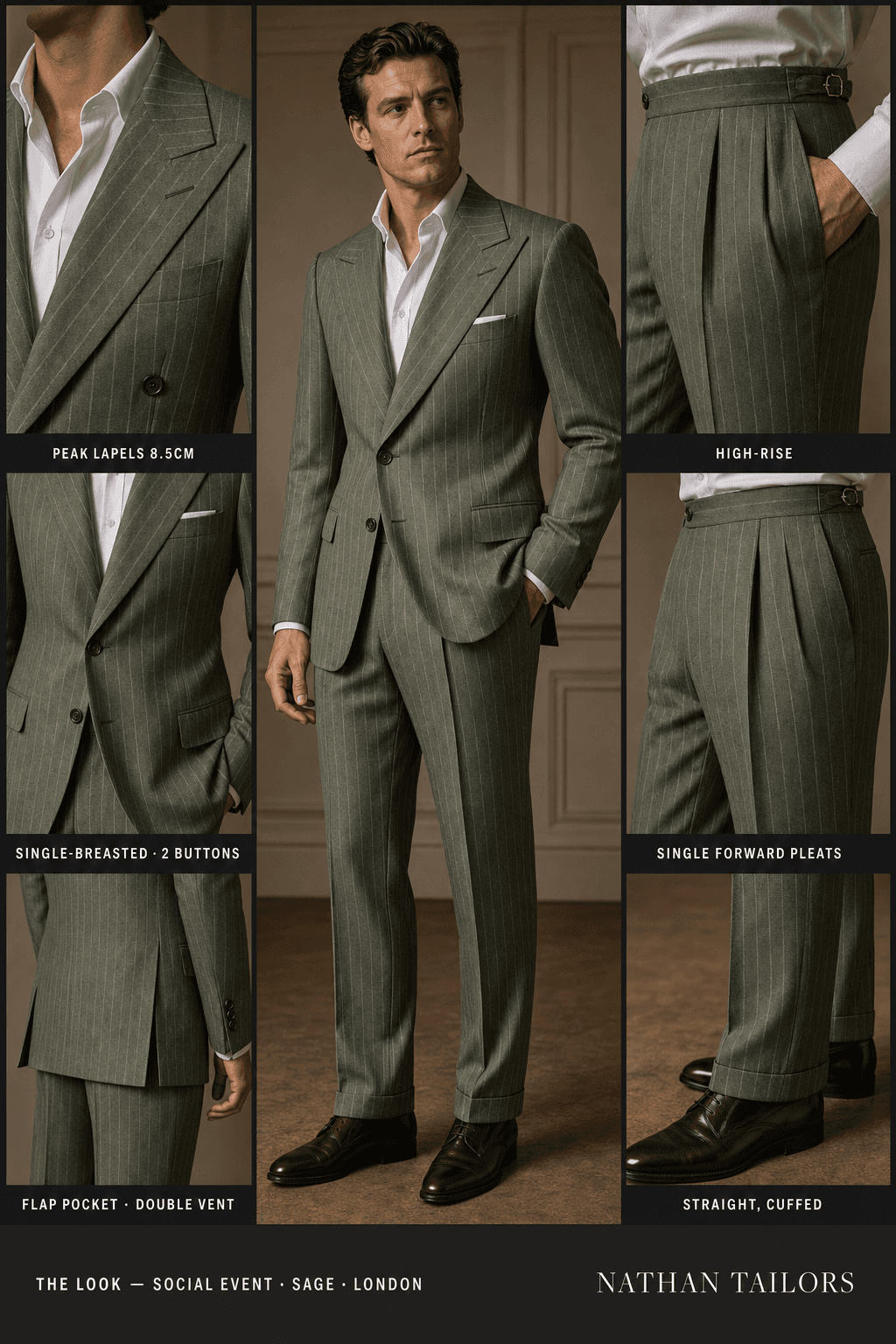 sage pinstripe single-breasted peak-lapel online custom suit — designed online at RemoteSuit. Made-to-measure online custom suit available from $129.