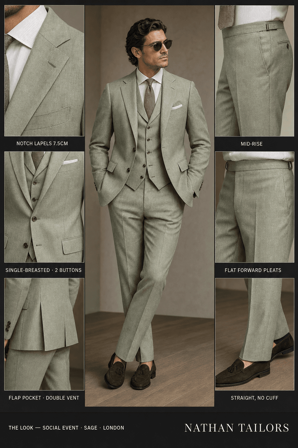 sage single-breasted notch-lapel online custom suit — designed online at RemoteSuit. Made-to-measure online custom suit available from $149.