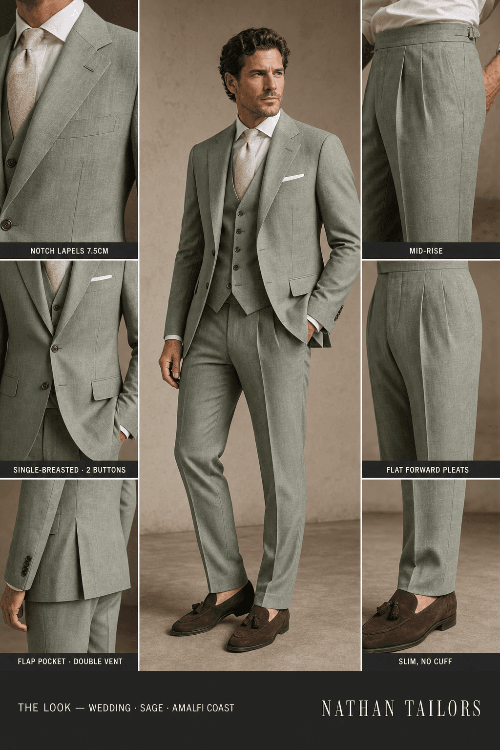 sage single-breasted notch-lapel online custom suit — designed online at RemoteSuit. Made-to-measure online custom suit available from $149.