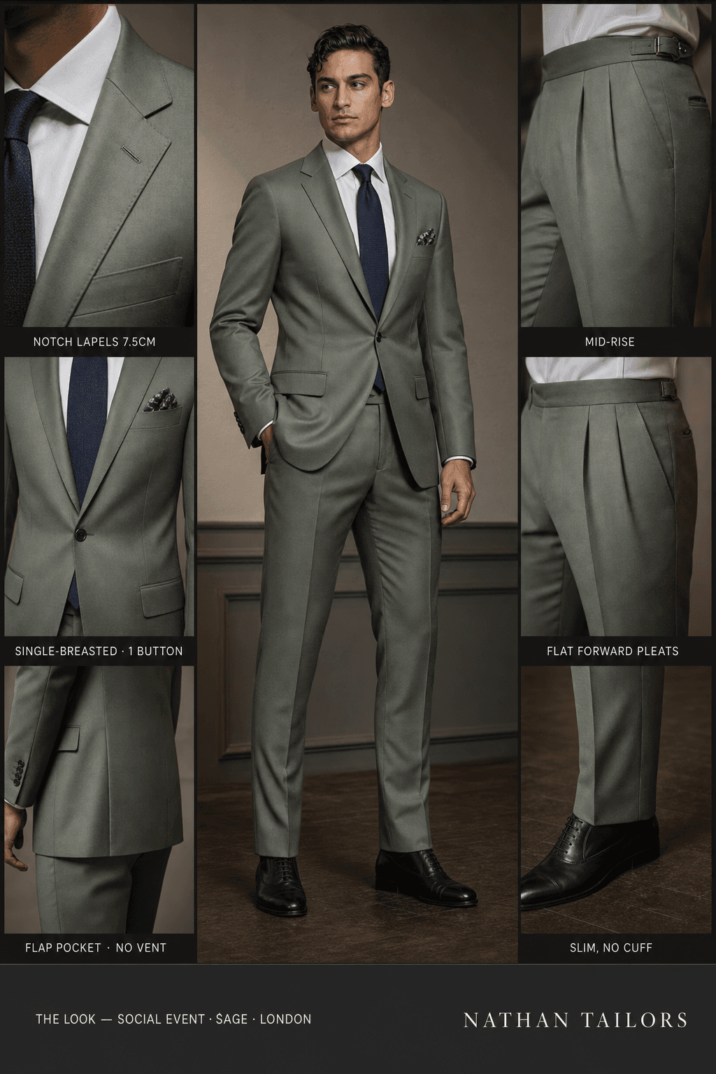 sage single-breasted notch-lapel online custom suit — designed online at RemoteSuit. Made-to-measure online custom suit available from $129.