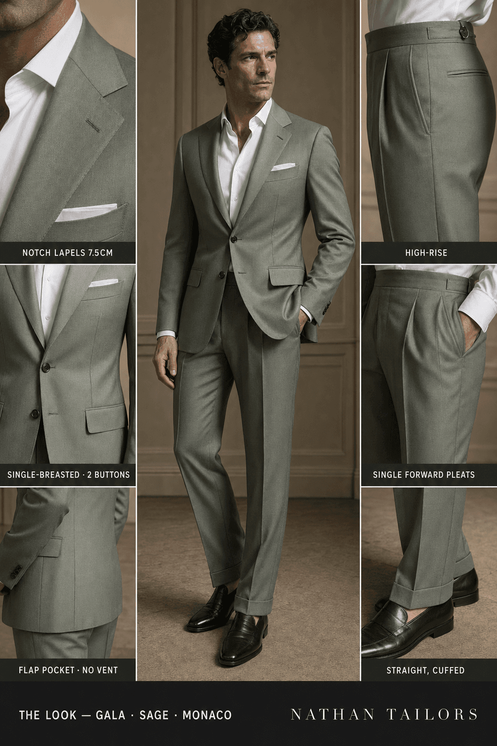 sage single-breasted notch-lapel online custom suit — designed online at RemoteSuit. Made-to-measure online custom suit available from $109.