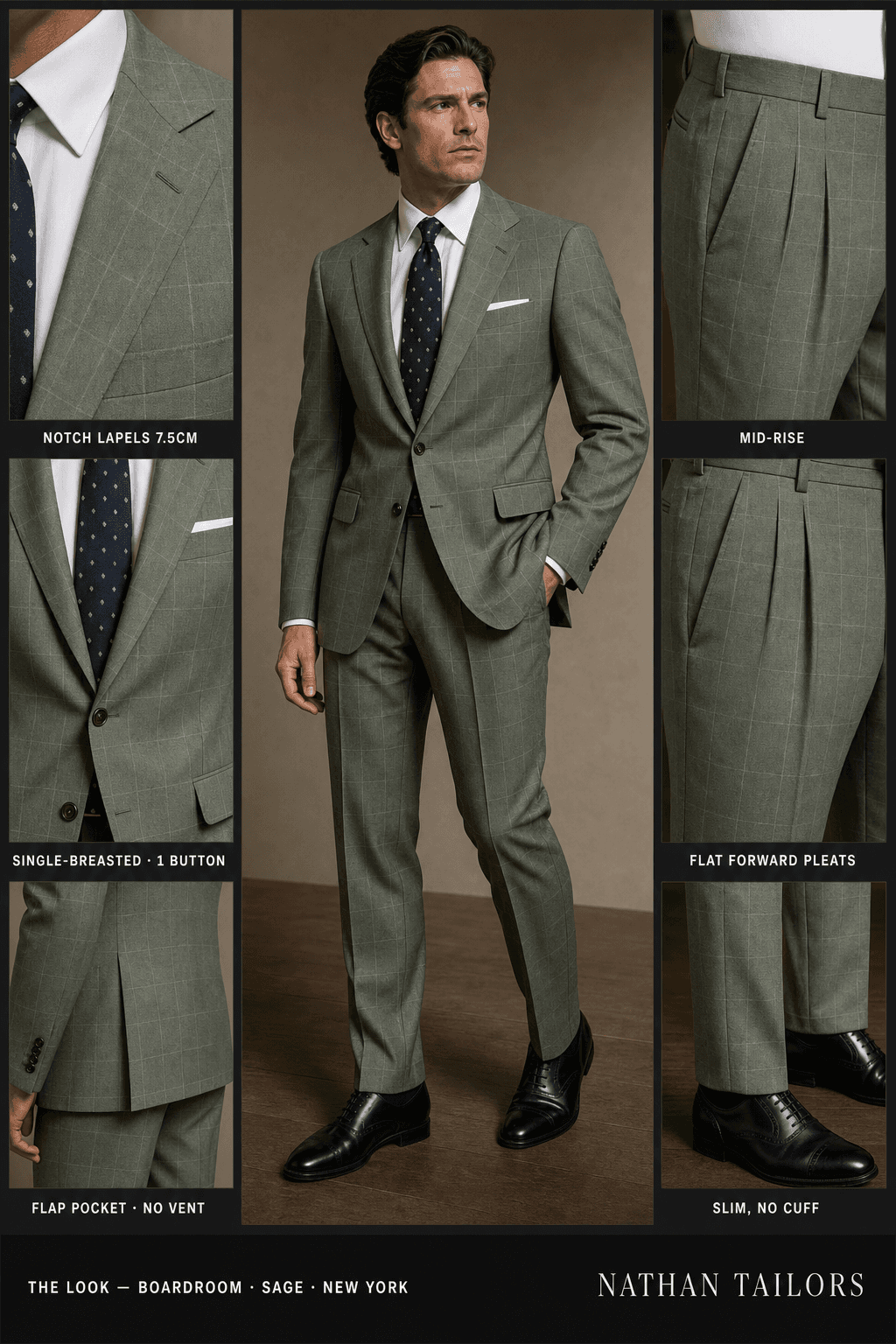 sage windowpane single-breasted notch-lapel online custom suit — designed online at RemoteSuit. Made-to-measure online custom suit available from $129.