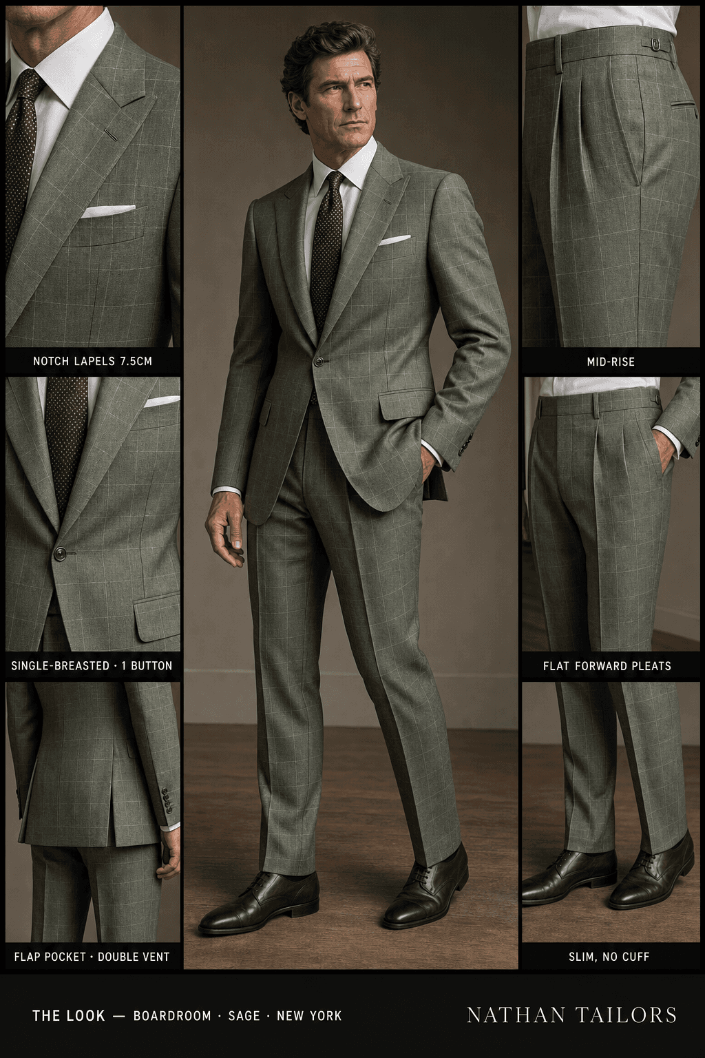 sage windowpane single-breasted notch-lapel online custom suit — designed online at RemoteSuit. Made-to-measure online custom suit available from $129.