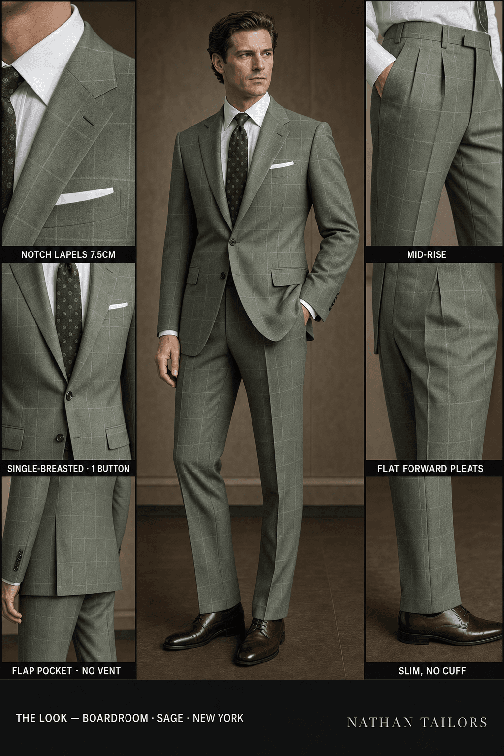 sage windowpane single-breasted notch-lapel online custom suit — designed online at RemoteSuit. Made-to-measure online custom suit available from $129.
