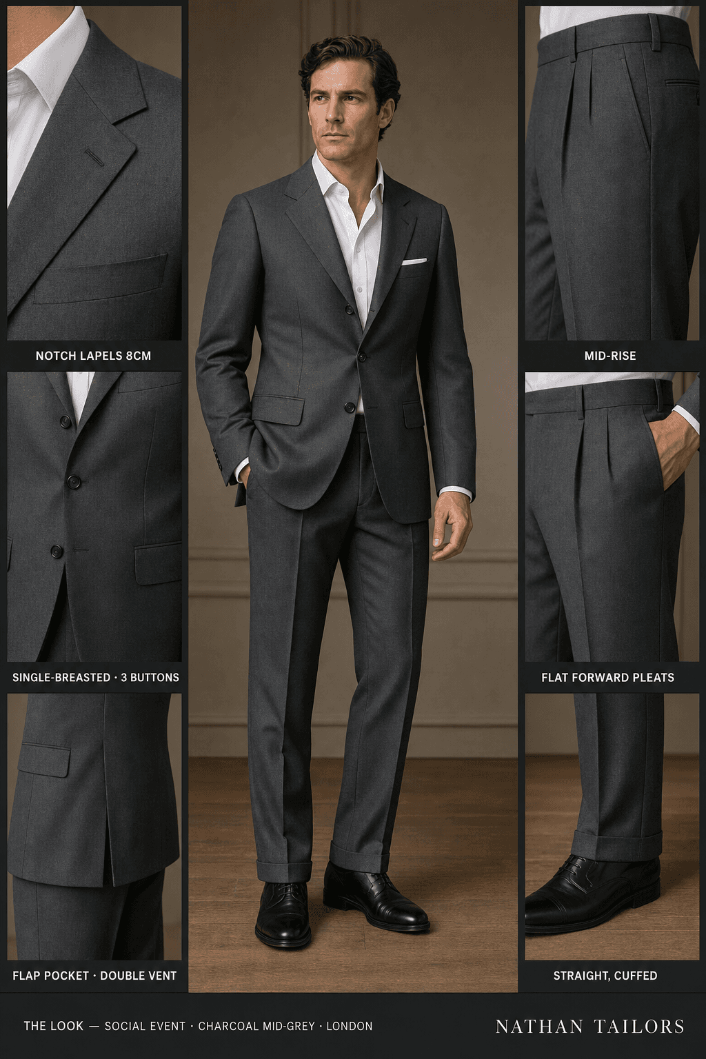 charcoal mid-grey single-breasted notch-lapel online custom suit — designed online at RemoteSuit. Made-to-measure online custom suit available from $129.
