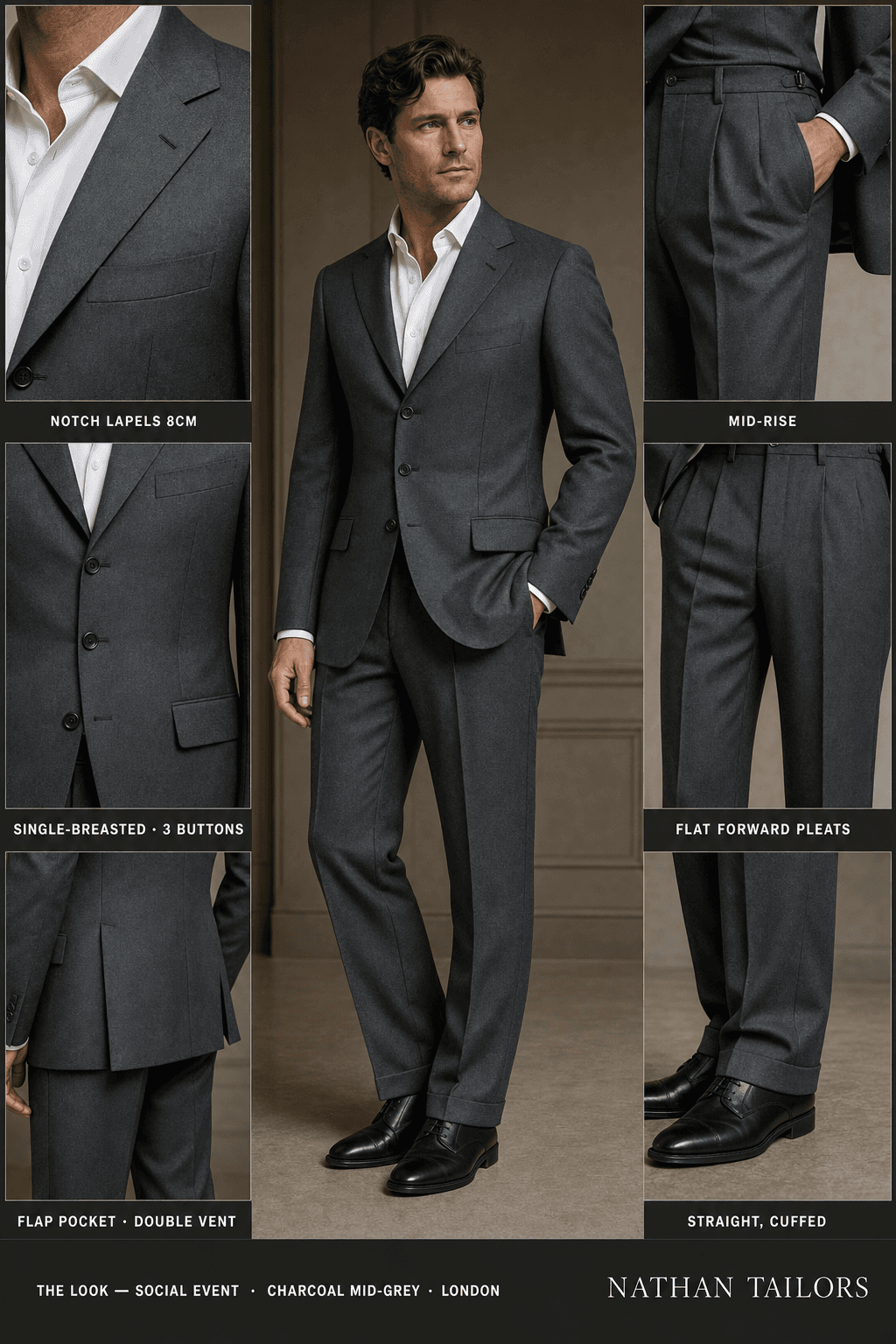 charcoal mid-grey single-breasted notch-lapel online custom suit — designed online at RemoteSuit. Made-to-measure online custom suit available from $129.