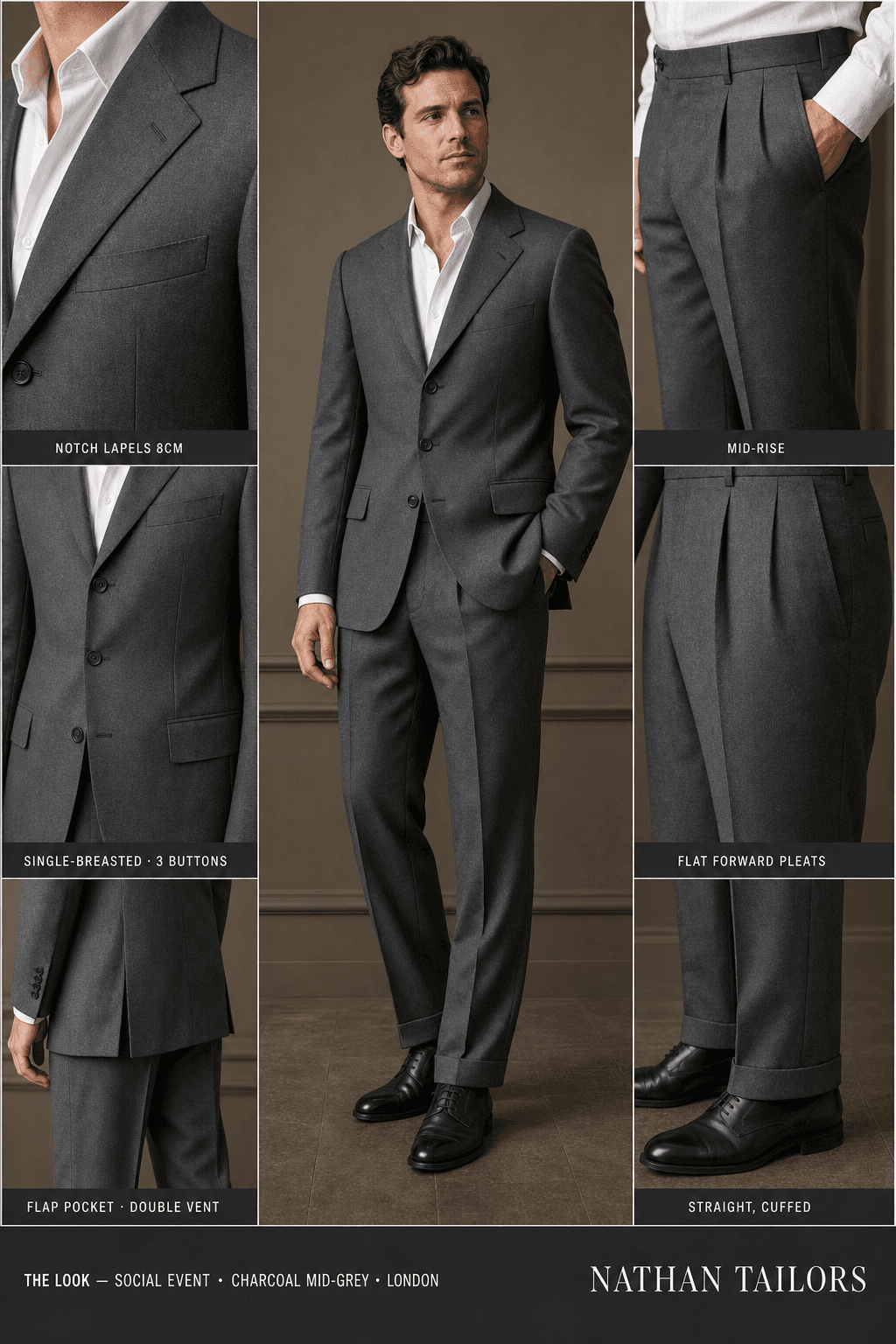 charcoal mid-grey single-breasted notch-lapel online custom suit — designed online at RemoteSuit. Made-to-measure online custom suit available from $129.