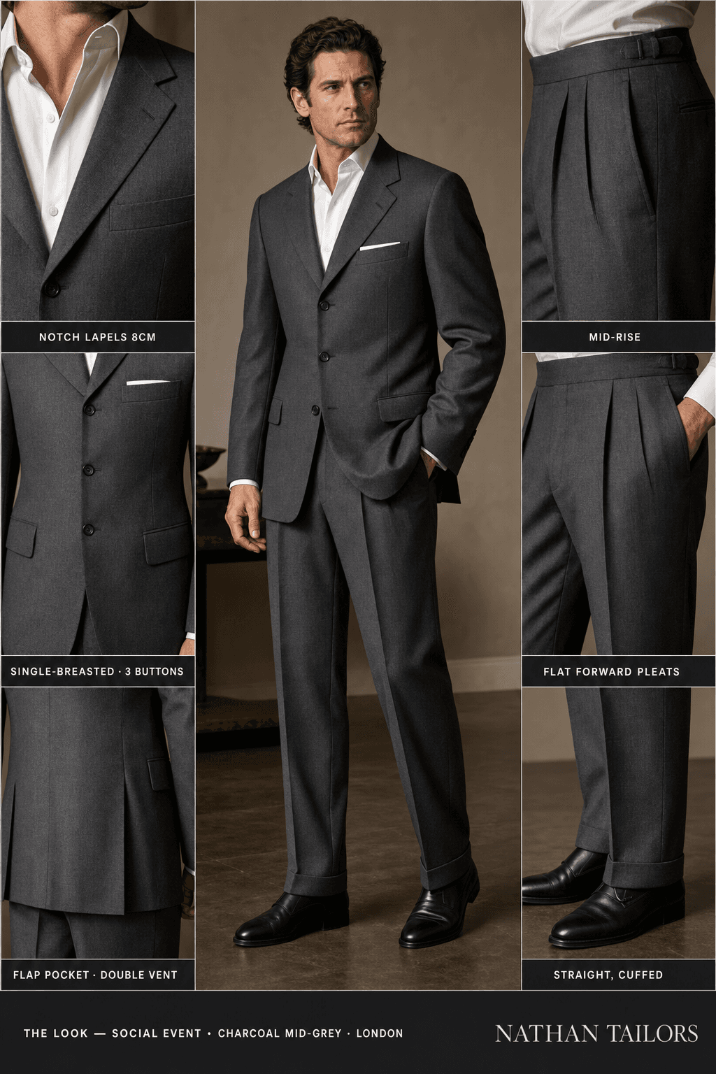 charcoal mid-grey single-breasted notch-lapel online custom suit — designed online at RemoteSuit. Made-to-measure online custom suit available from $129.