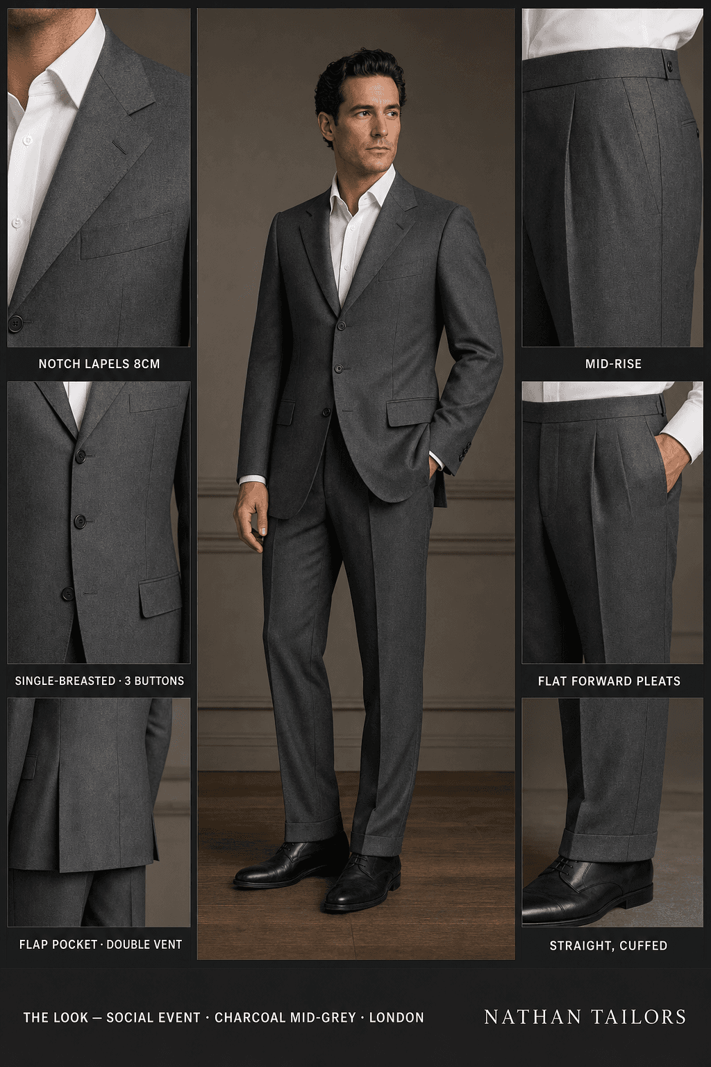 charcoal mid-grey single-breasted notch-lapel online custom suit — designed online at RemoteSuit. Made-to-measure online custom suit available from $129.