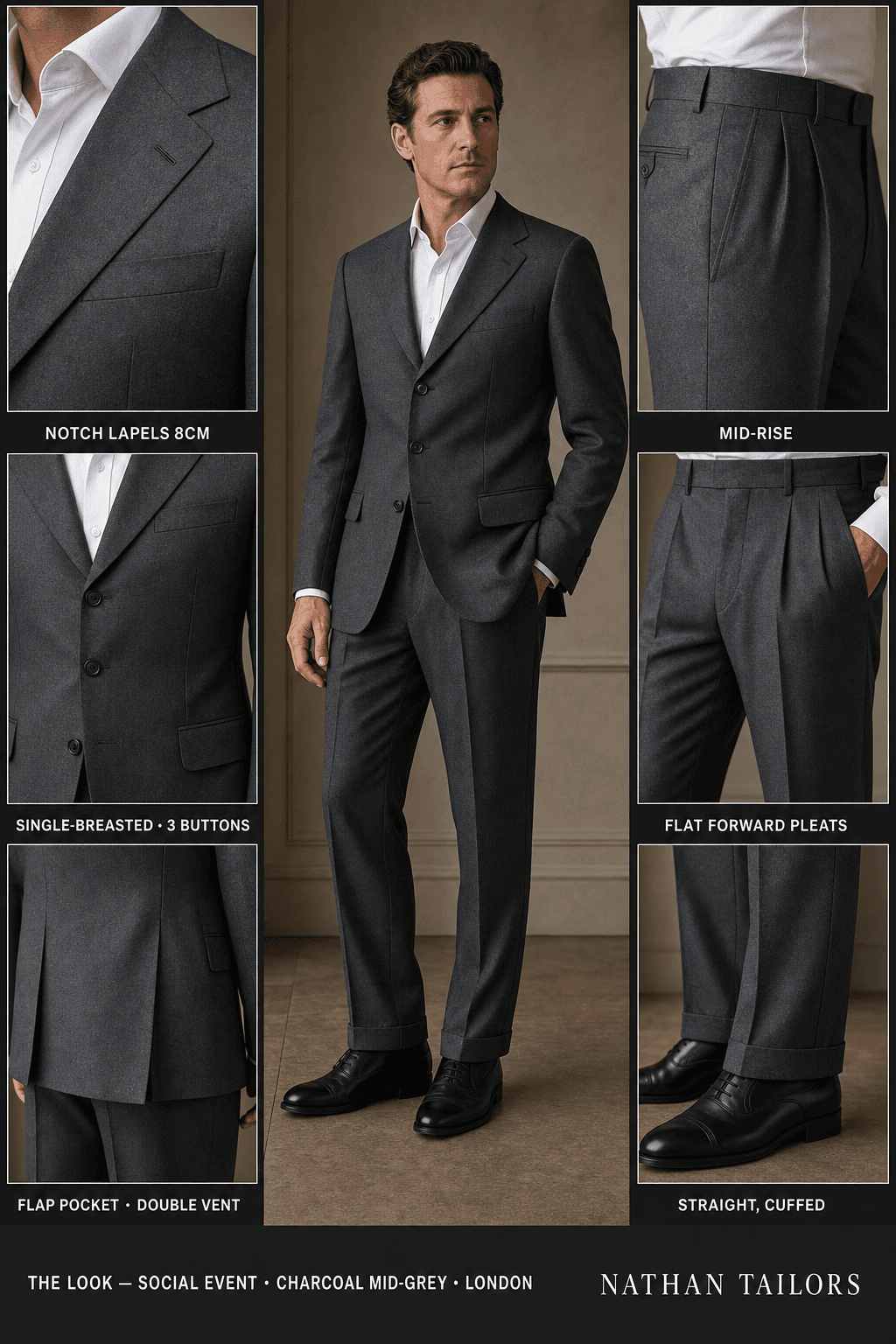 charcoal mid-grey single-breasted notch-lapel online custom suit — designed online at RemoteSuit. Made-to-measure online custom suit available from $129.