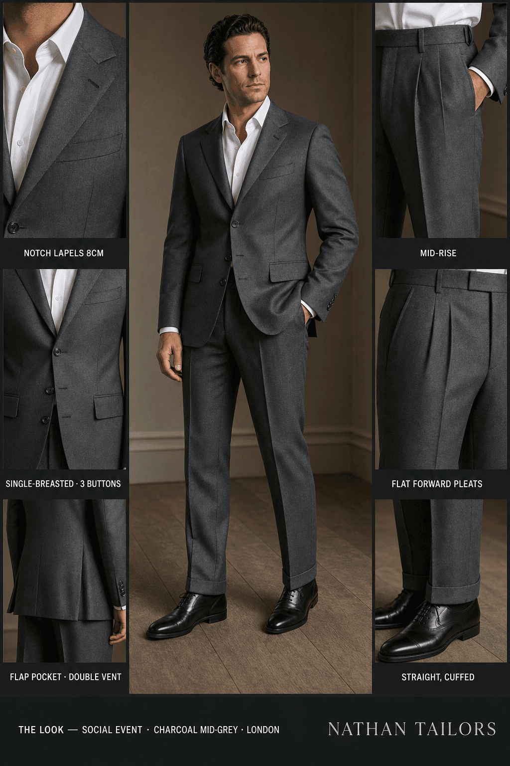 charcoal mid-grey single-breasted notch-lapel online custom suit — designed online at RemoteSuit. Made-to-measure online custom suit available from $129.