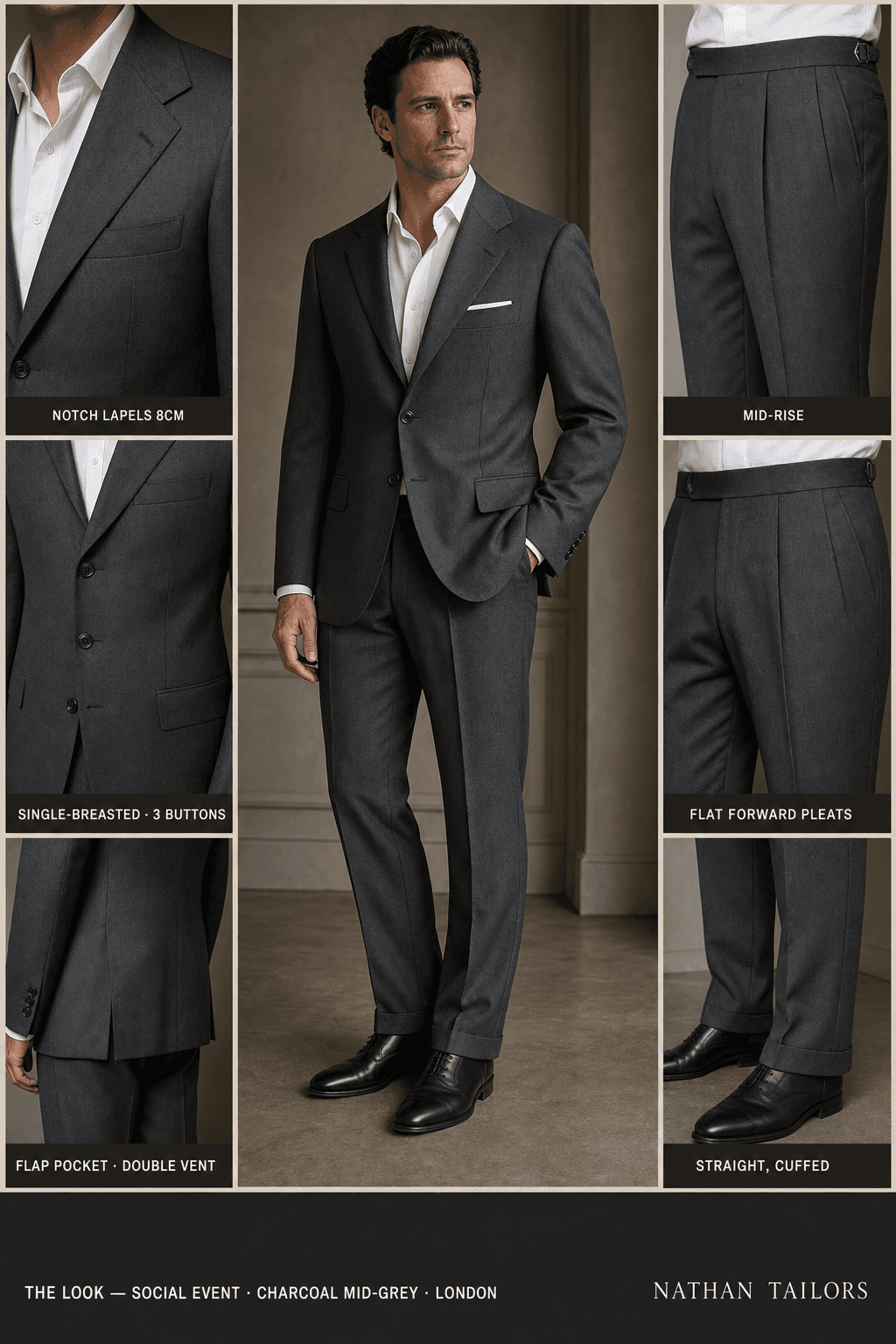 charcoal mid-grey single-breasted notch-lapel online custom suit — designed online at RemoteSuit. Made-to-measure online custom suit available from $129.