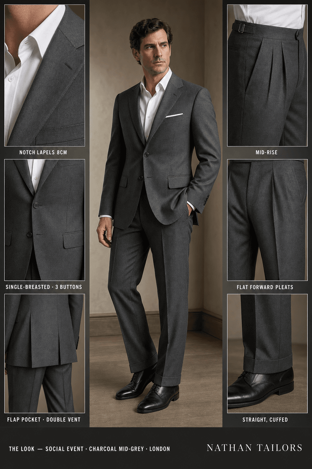 charcoal mid-grey single-breasted notch-lapel online custom suit — designed online at RemoteSuit. Made-to-measure online custom suit available from $129.