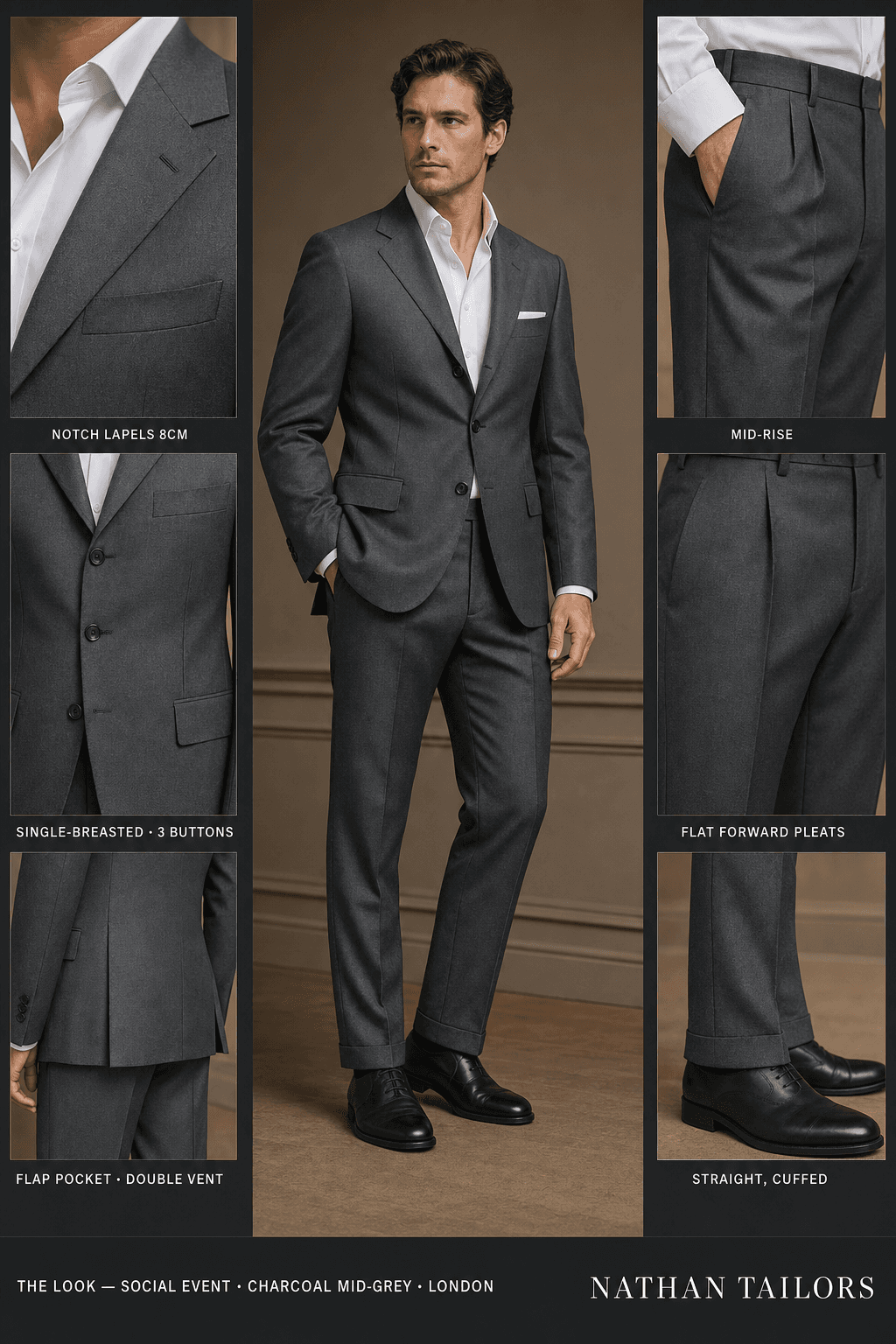 charcoal mid-grey single-breasted notch-lapel online custom suit — designed online at RemoteSuit. Made-to-measure online custom suit available from $129.