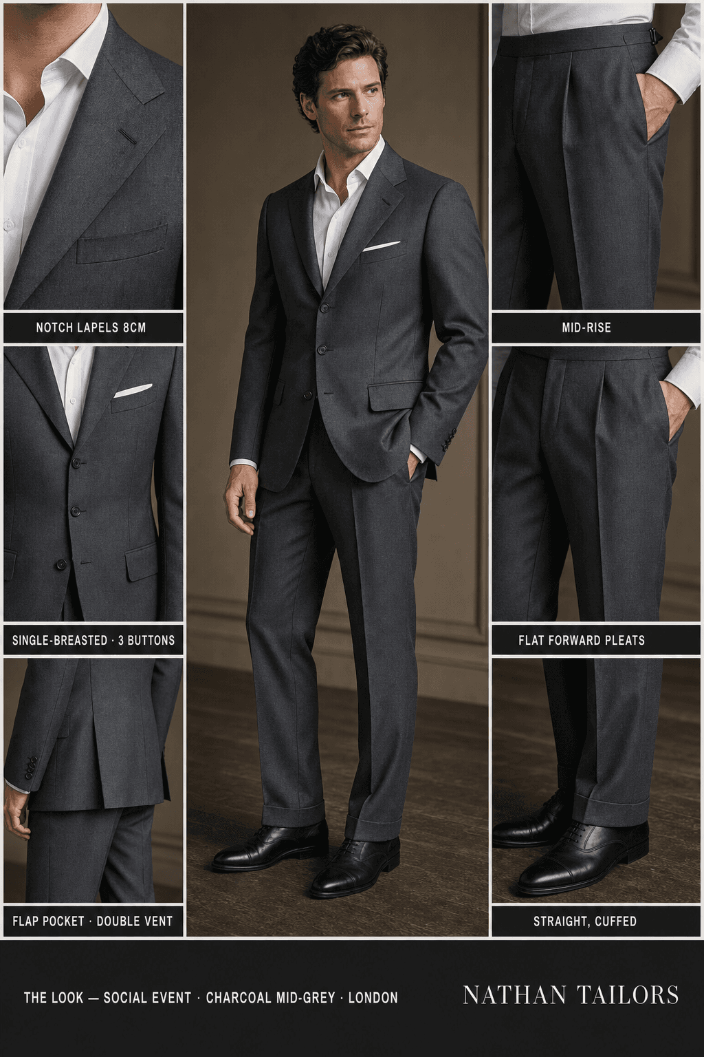 charcoal mid-grey single-breasted notch-lapel online custom suit — designed online at RemoteSuit. Made-to-measure online custom suit available from $129.