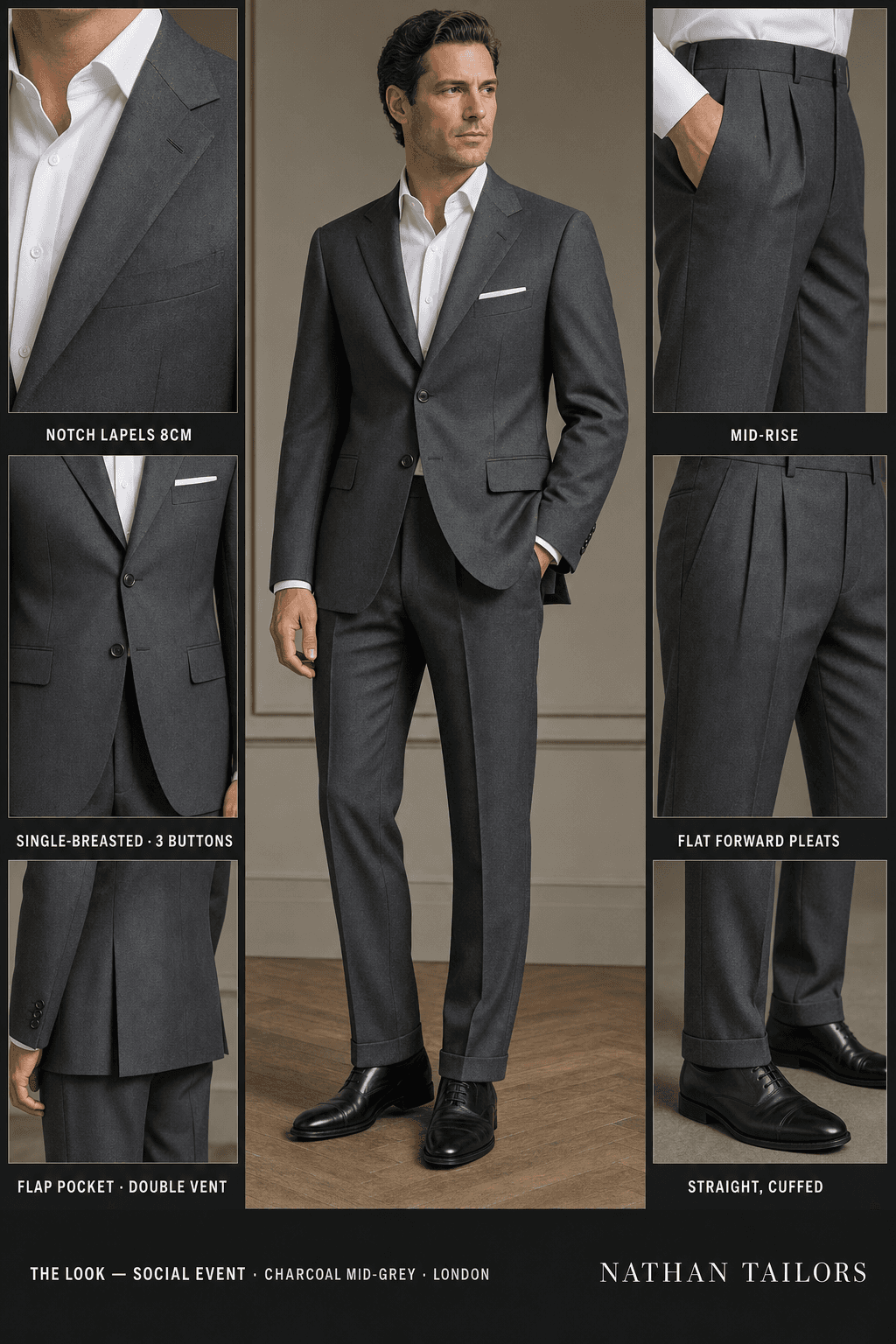 charcoal mid-grey single-breasted notch-lapel online custom suit — designed online at RemoteSuit. Made-to-measure online custom suit available from $129.