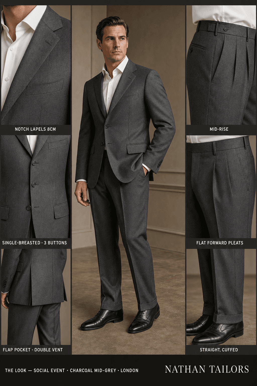 charcoal mid-grey single-breasted notch-lapel online custom suit — designed online at RemoteSuit. Made-to-measure online custom suit available from $129.