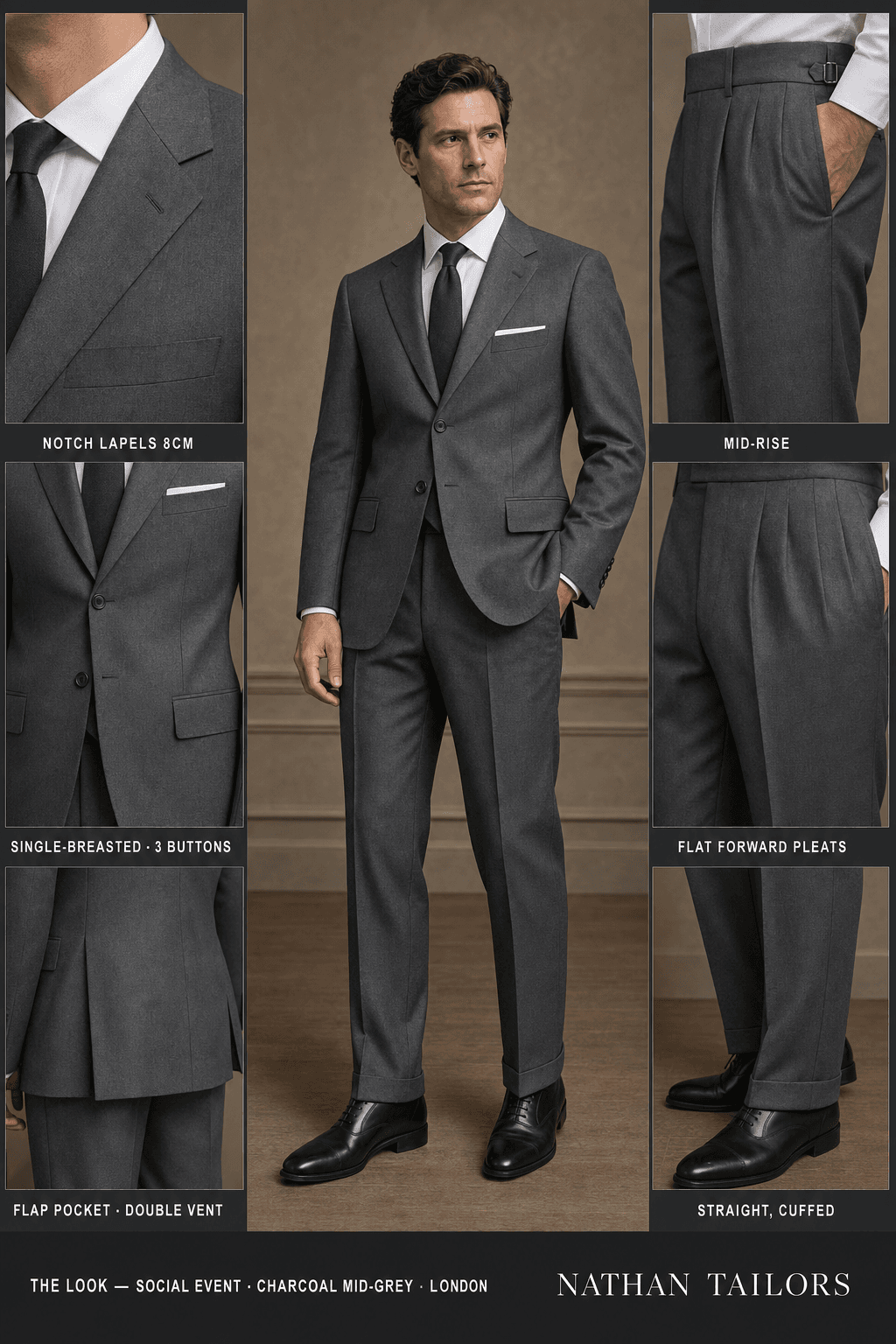 charcoal mid-grey single-breasted notch-lapel online custom suit — designed online at RemoteSuit. Made-to-measure online custom suit available from $129.