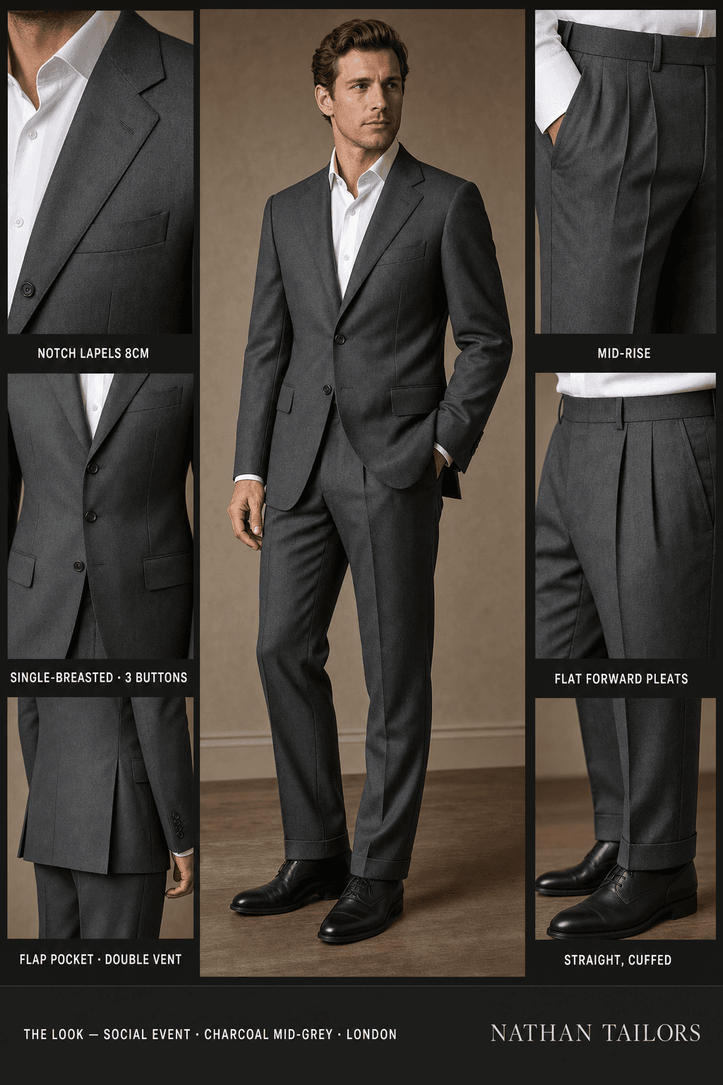 charcoal mid-grey single-breasted notch-lapel online custom suit — designed online at RemoteSuit. Made-to-measure online custom suit available from $149.